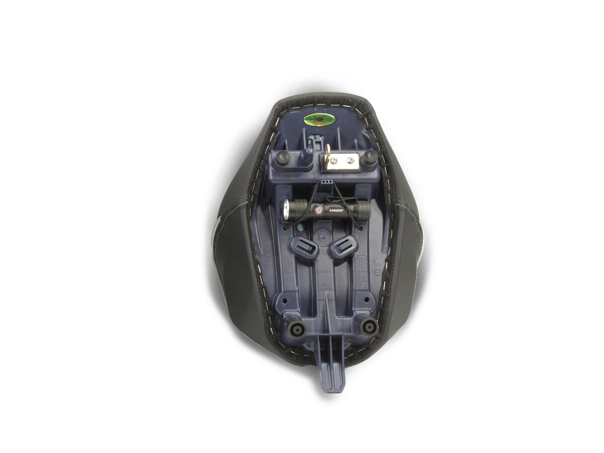 Suzuki GSX-S 1000GT World Sport motorcycle rear seat with flashlight, widened seat pan, and custom upholstery.